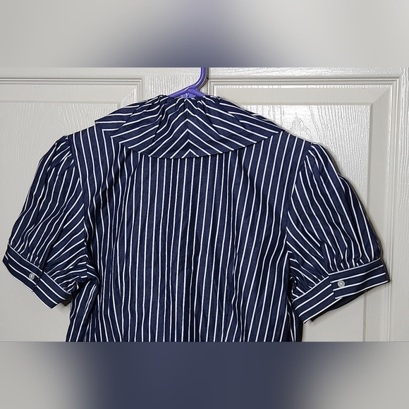 Lauren Ralph Lauren Women's white/blue stripe short sleeve ruffled front blouse - Picture 5 of 6